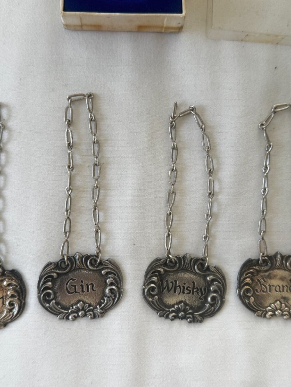 Vintage Silver Liquor Bottle Decanter Labels Tags Bourbon Gin Whisky Brandy Set
